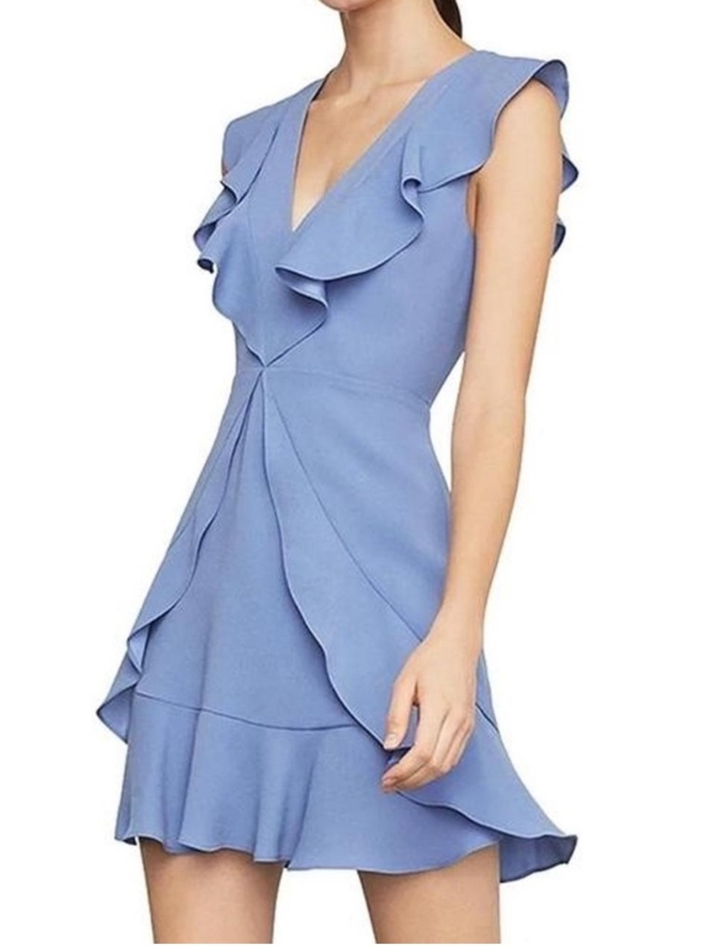 📌 BCBG Max Azaria Tyrah Ruffle Mini Dress Misty Blue Ruffle Dress 06